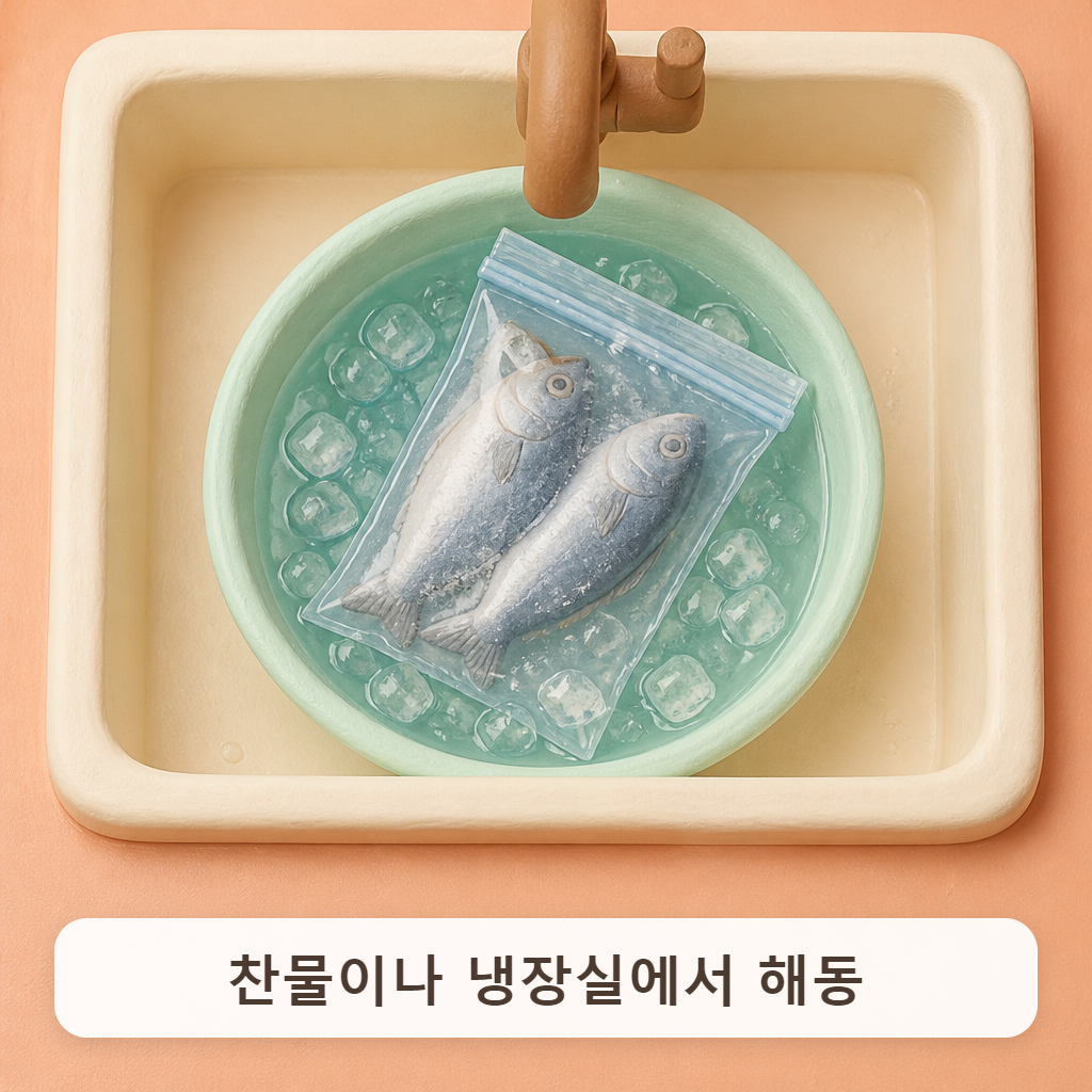 싱크대 볼 속 찬물에 담가 둔 밀봉한 냉동 생선 팩