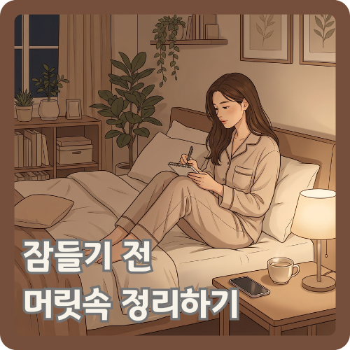 잠들기 전 침실에서 메모장에 내일 할 일과 걱정거리를 적으며 머릿속을 정리하는 여성의 수면 루틴 일러스트