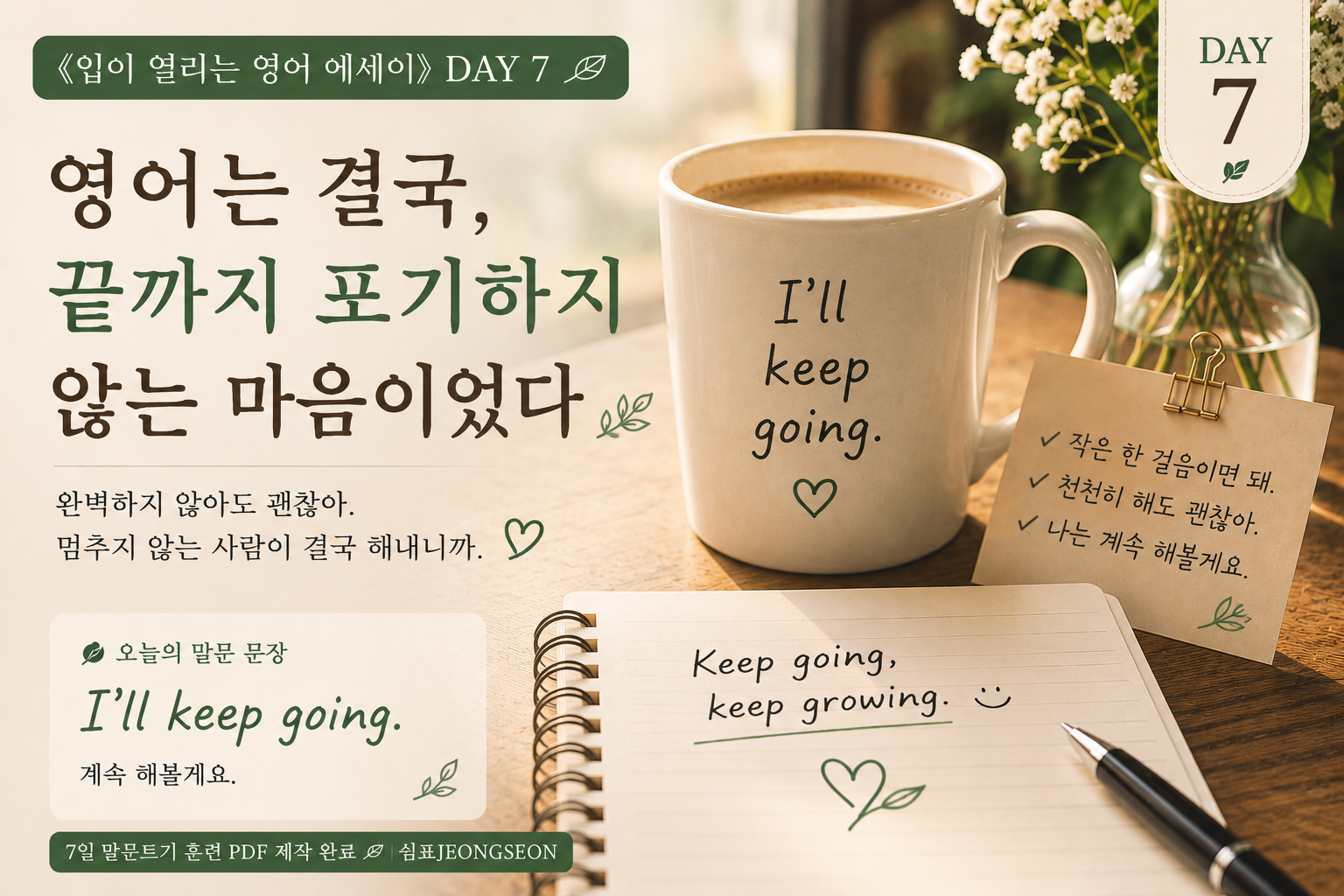 ALT
따뜻한 조명이 비치는 카페 테이블 위에 커피잔과 영어 노트가 놓여 있는 감성 영어 썸네일 이미지.
머그컵에는 “I’ll keep going.” 문장이 적혀 있고, 노트에는 “Keep going, keep growing.” 문장이 손글씨처럼 쓰여 있다.
끝까지 포기하지 않고 영어를 이어가는 마음을 담은 《입이 열리는 영어 에세이》 DAY 7 이미지.