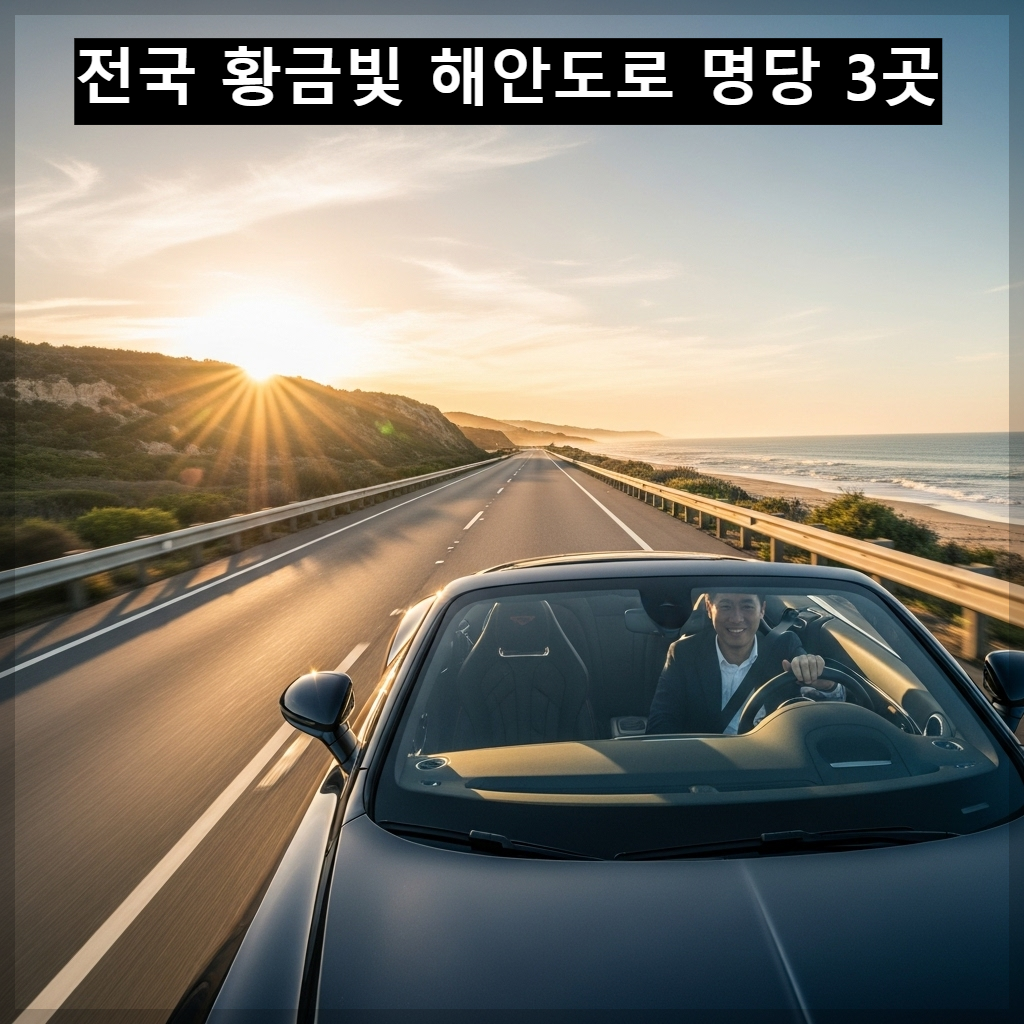 탁 트인 해안 도로를 따라 황금빛 낙조를 배경으로 달리는 럭셔리 자동차와 행복해 보이는 한국인 운전자의 모습