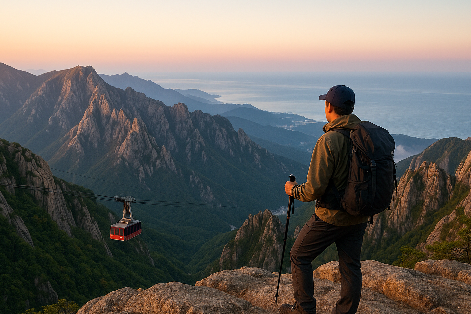 산뜻한 새벽 햇살 아래 설악산 기암 봉우리를 바라보며 케이블카가 오르는 절경을 감상하는 등산객