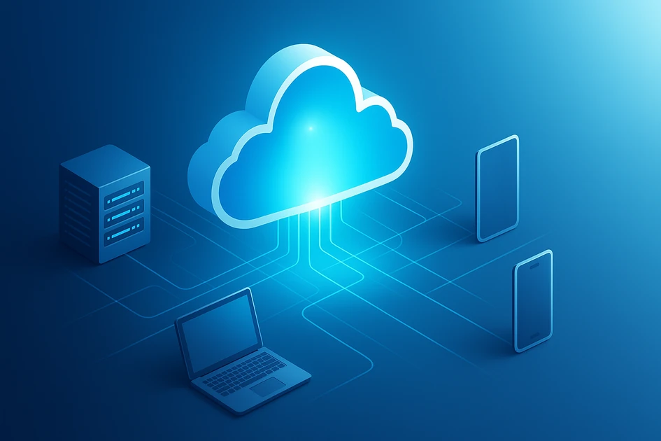 클라우드 아이콘과 서버, 노트북, 스마트폰이 네트워크로 연결된 클라우드서비스 개념 일러스트