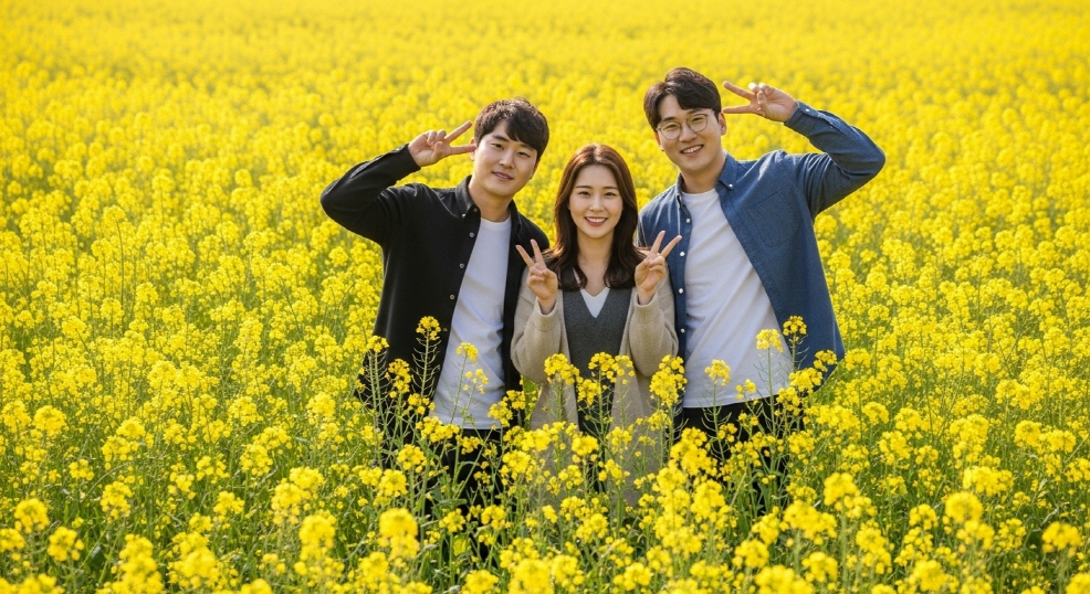 유채꽃밭 앞에서 브이 포즈하는 친구들