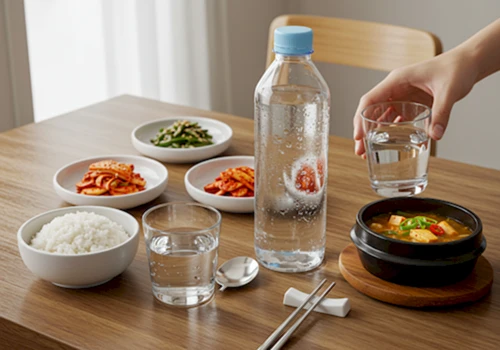 밥 국 반찬 등 한국 식사 옆에 놓인 깨끗한 물 한 잔 현실적인 사진