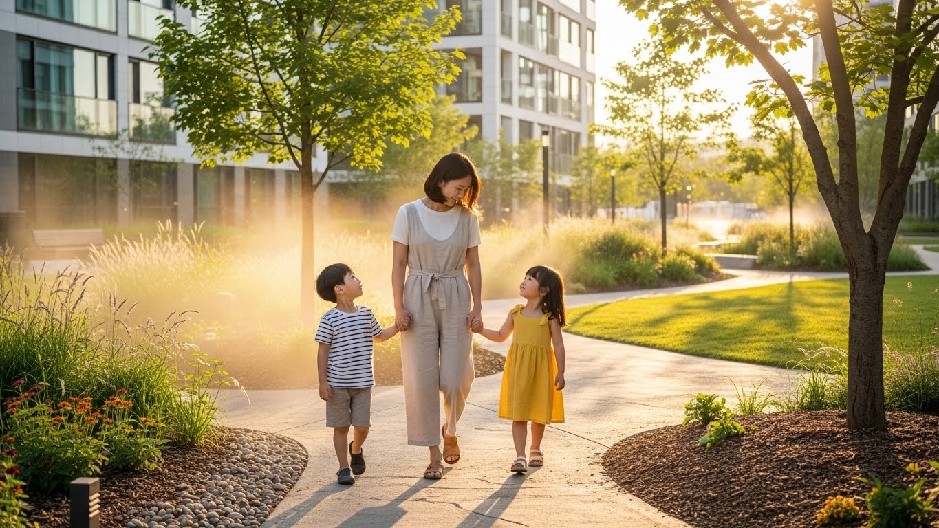 정책 지원을 통해 마련한 안전하고 깨끗한 환경에서 아이들과 여유롭게 산책하는 일상