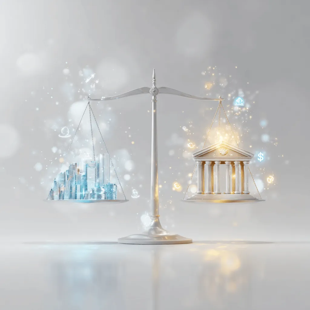 원화 스테이블 코인: 스테이블 코인의 안정적인 정착을 위해서 정부와 중앙은행의 역할이 균형적이어야 한다는 것을 상징적으로 나타낸 이미지