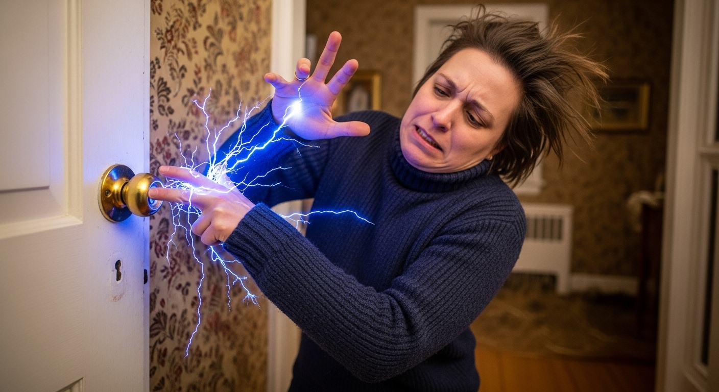 겨울철 건조한 실내에서 문고리를 잡으려다 정전기 쇼크에 놀라는 사람의 모습.