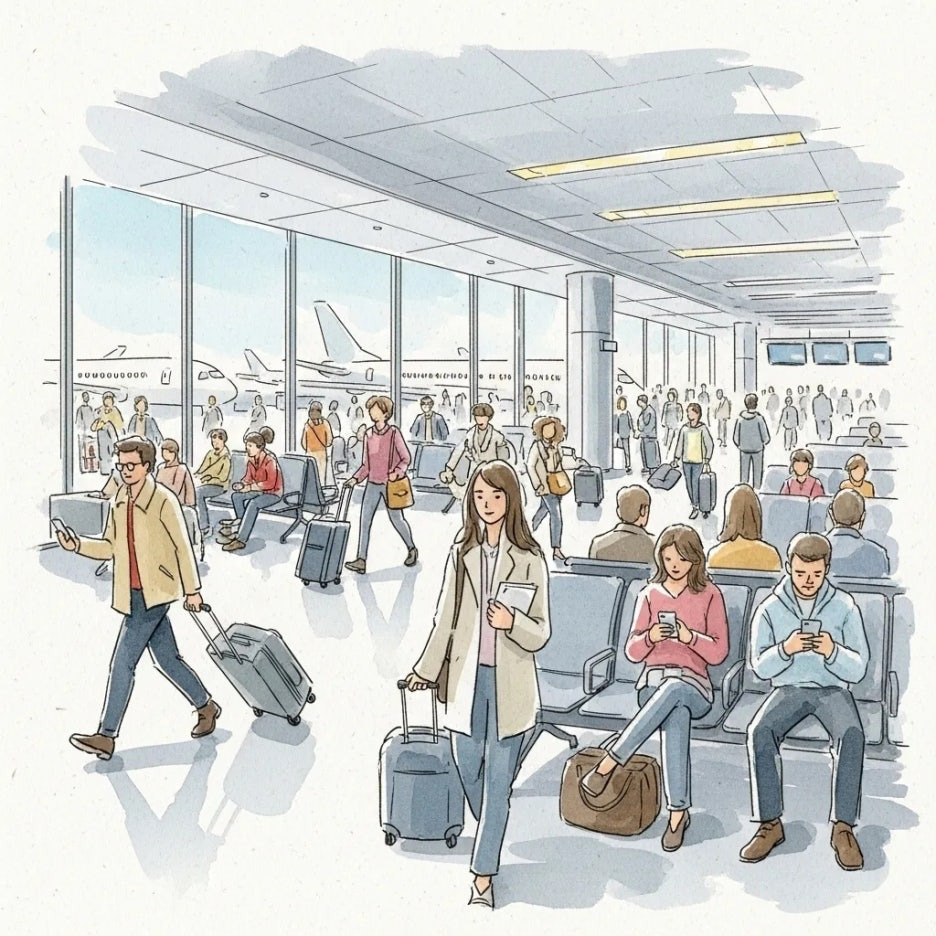 분주하고 다소 긴장된 공항 내부 모습