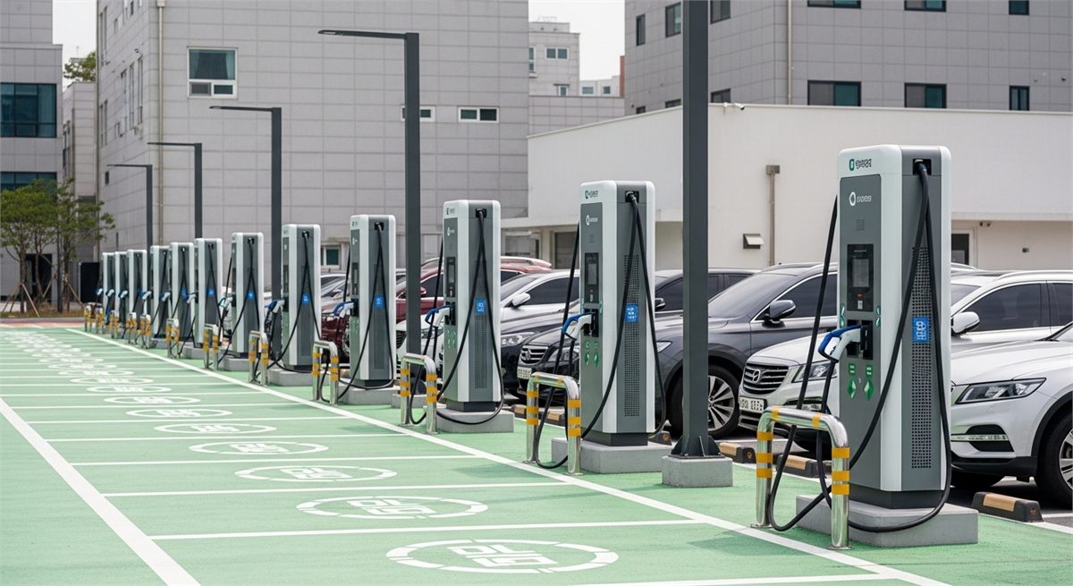 여러 급속 충전기가 놓인 충전 인프라 전경