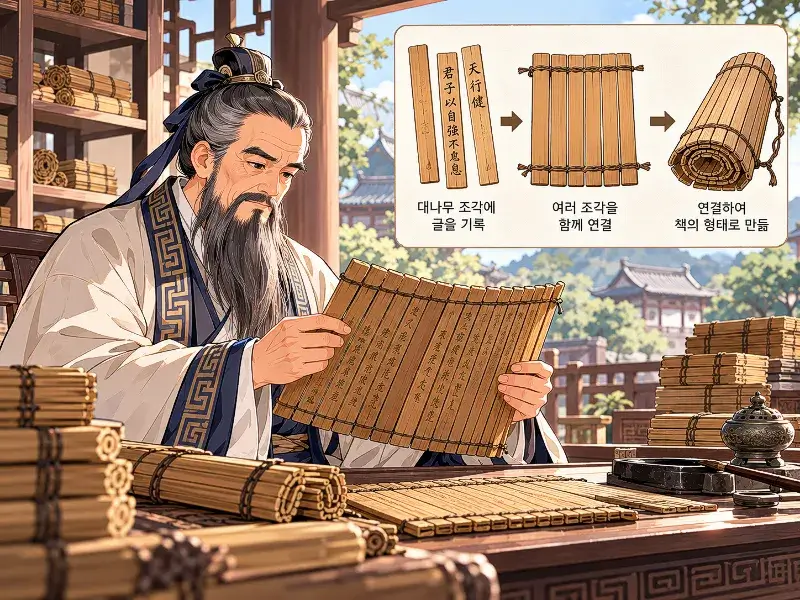 Anime-style educational illustration explaining Wipyeonsamjeol, showing Confucius reading an ancient bamboo book and how inscribed bamboo slips were tied together with cords to form a book.