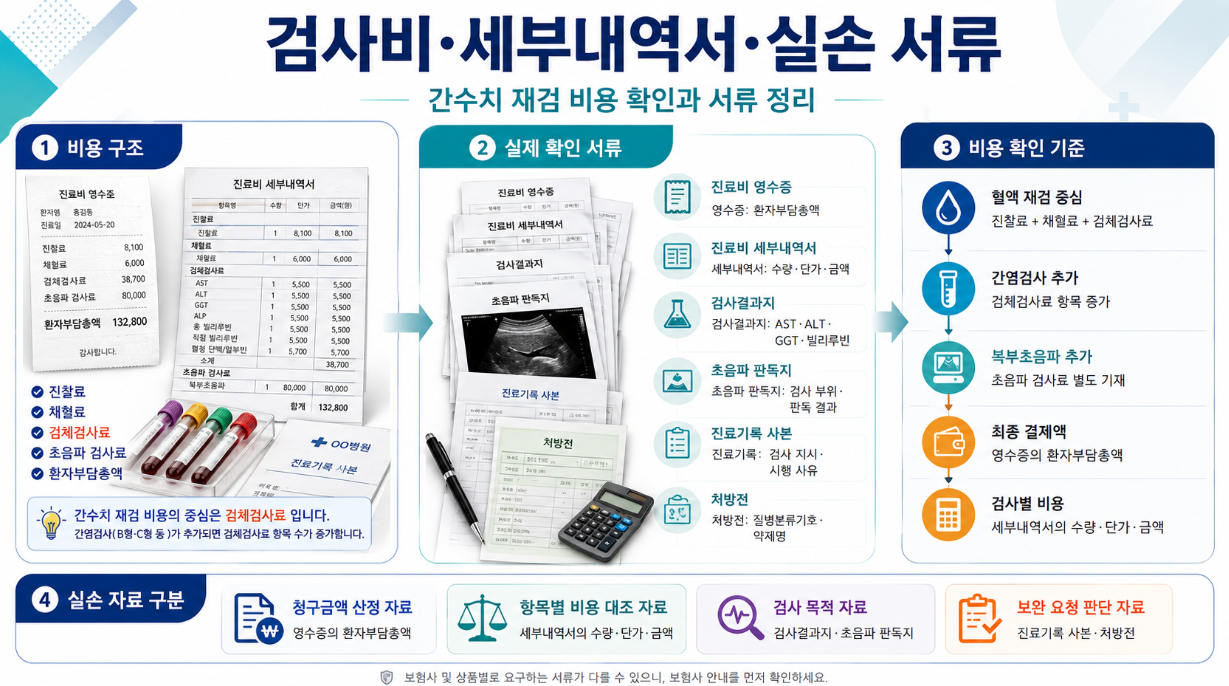 간수치 재검 비용 확인을 위한 진료비 영수증, 세부내역서, 검사결과지, 초음파 판독지, 실손 서류 정리 인포그래픽