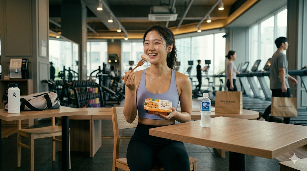 실내 헬스장 휴게실에서 운동을 마친 여성 다이어터가 건강하고 밝은 미소를 지으며 닭가슴살 식단을 즐기고 있는 모습입니다. 

이미지 속 인물은 연보라색 스포츠 브라탑과 검은색 레깅스 운동복을 입고 있으며, 테이블 옆 의자에 바르게 앉아 있습니다. 나무 재질의 테이블 위에는 다이어트용 가공 닭가슴살 큐브 패키지와 시원한 생수병이 놓여 있습니다. 인물은 한 손에 포크를 들고 닭가슴살 큐브 한 조각을 맛있게 먹으려 하며 행복한 표정을 짓고 있습니다.

배경으로는 통유리창 너머로 채광이 들어오는 현대적인 헬스장의 러닝머신(트레드밀)과 운동 기구들이 보이며, 운동 후 단백질 보충을 통해 활력을 얻는 '지속 가능한 다이어트'의 긍정적인 이미지를 전달합니다. 이는 고단백 식단과 장 건강(변비 예방)을 조화롭게 유지하는 성공적인 다이어트 라이프스타일을 상징합니다.