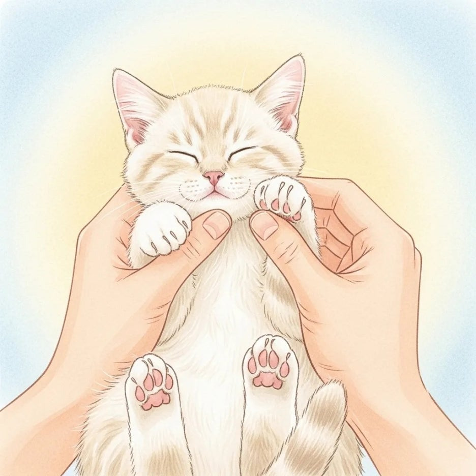 사람의 손이 아기고양이 발을 부드럽게 살피는 모습