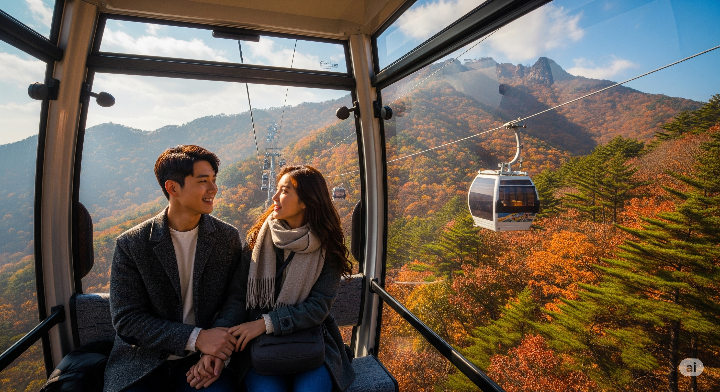 아름다운 가을 단풍이 가득한 산에서 케이블카를 타고 올라가는 커플