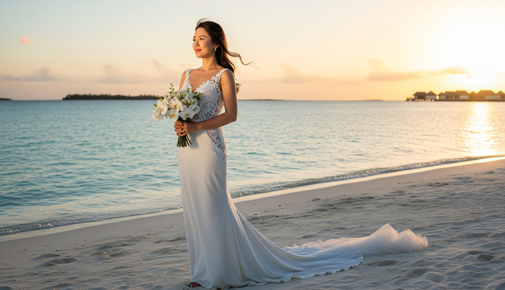 몰디브 화이트 샌드 비치에서 웨딩드레스를 입은 신부의 개별 포트레이트