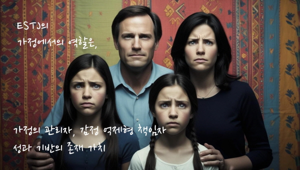 ESTJ의 가정에서의 역할은 가정의 관리자, 감정 억제형 책임자, 성과 기반의 존재 가치에 관한 그림