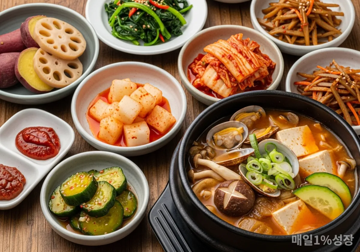 장 건강에 좋은 김치, 된장찌개, 뿌리채소가 차려진 건강한 한국 밥상