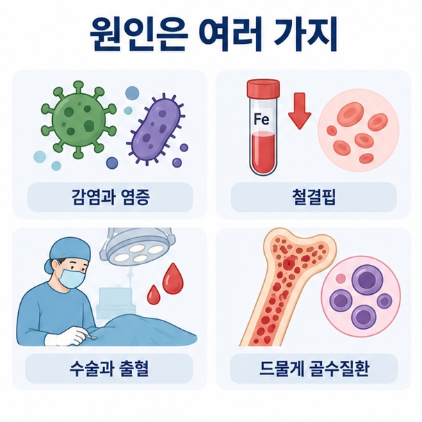 감염과 염증, 철결핍, 수술과 출혈, 드물게 골수질환 등 혈소판 수치가 높아지는 원인을 표현한 이미지