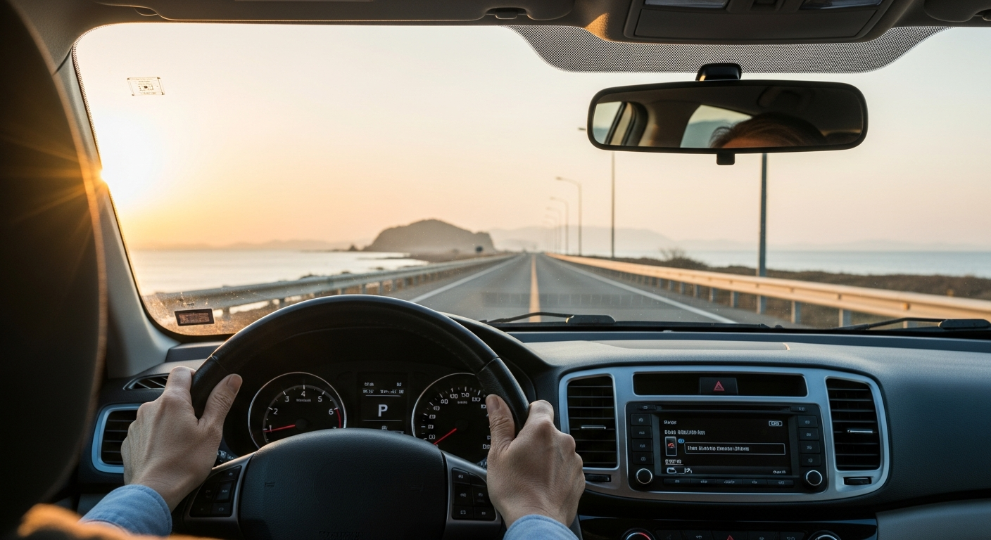해질녘 아름다운 한국 해안 도로를 달리는 자동차 내부에서 바라본 앞유리 풍경. 운전자의 편안한 손이 핸들 위에 놓여 평화로운 분위기를 자아낸다.