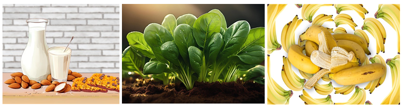 아몬드, 바나나, 시금치
