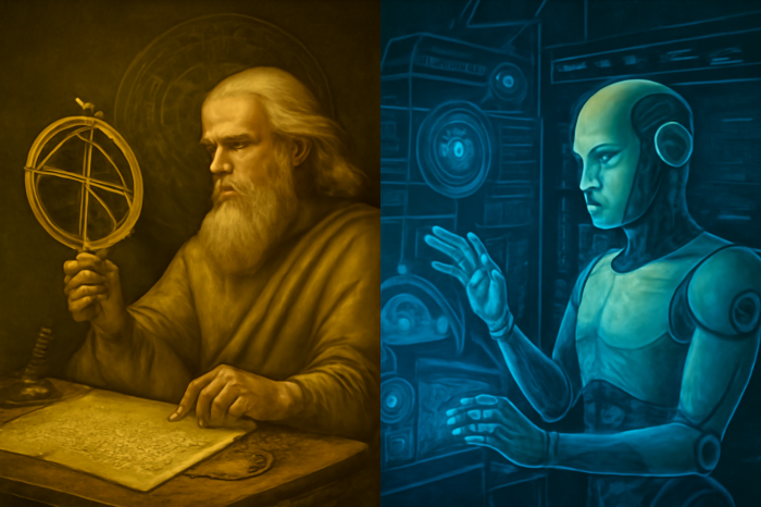 한쪽에는 고대 예언자가 점성술 도구를 사용하는 모습, 다른 쪽에는 홀로그램 데이터를 분석하는 미래적 AI 시스템