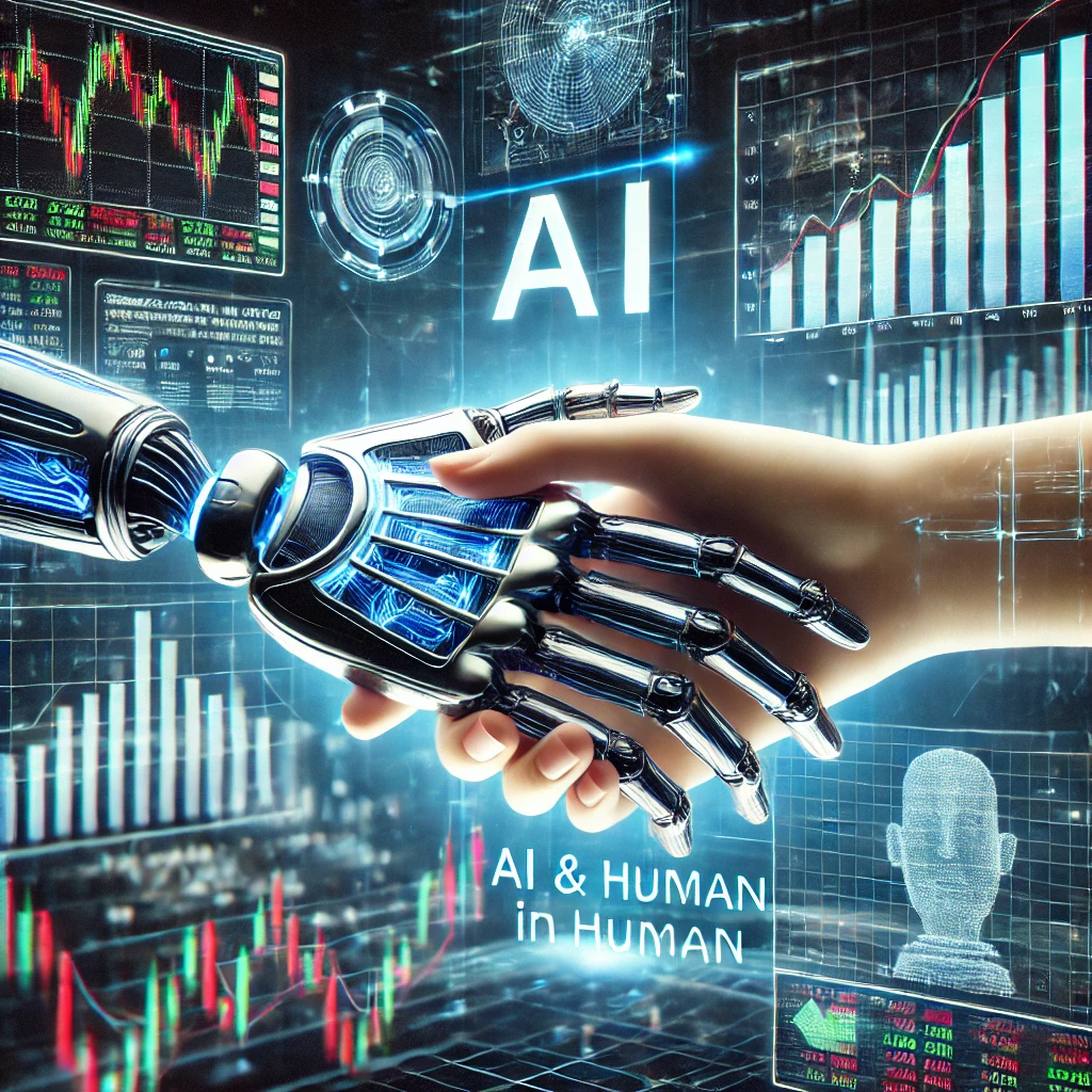 "AI와 인간이 협력하는 미래 금융 거래실, 주식 시장 예측을 보여주는 AI 스크린과 디지털 그래프"