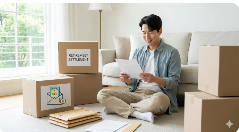 'Retirement Settlement' 문구와 함께 짐을 싼 상자와 서류 봉투, 그리고 정산된 급여 봉투 아이콘이 있는 이미지.