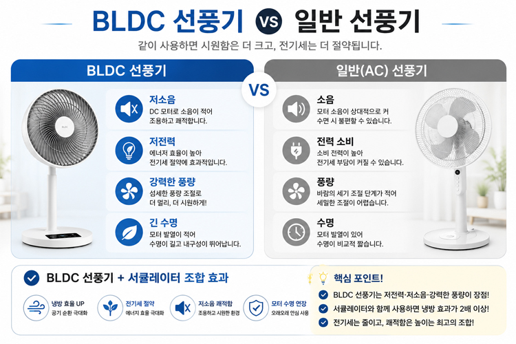 BLDC 선풍기와 일반 AC 선풍기의 차이를 비교한 인포그래픽. 저소음, 저전력, 풍량 조절, 수명 등 주요 특징을 비교하고 에어컨&middot;서큘레이터와 함께 사용할 때의 장점을 설명합니다.