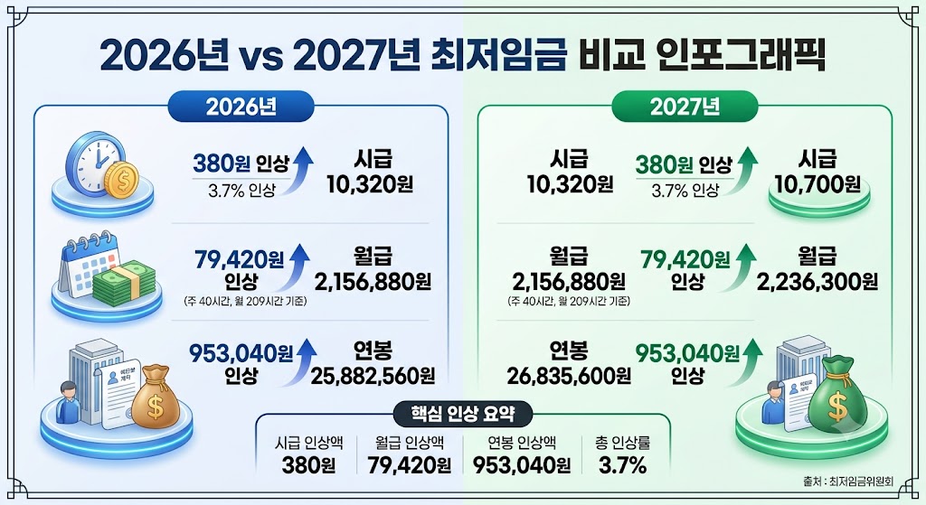 2026년과 2027년 최저임금 시급 월급 연봉 인상액을 비교한 이미지