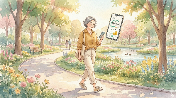 캐시워크를 활용해 걷는 시니어 모습