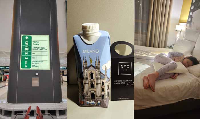 밀라노 말펜사 공항 표지판, NYX 밀라노 호텔에서 제공하는 밀라노를 닮은 물, 금새 잠이 든 피곤했던 작은 우리 아미