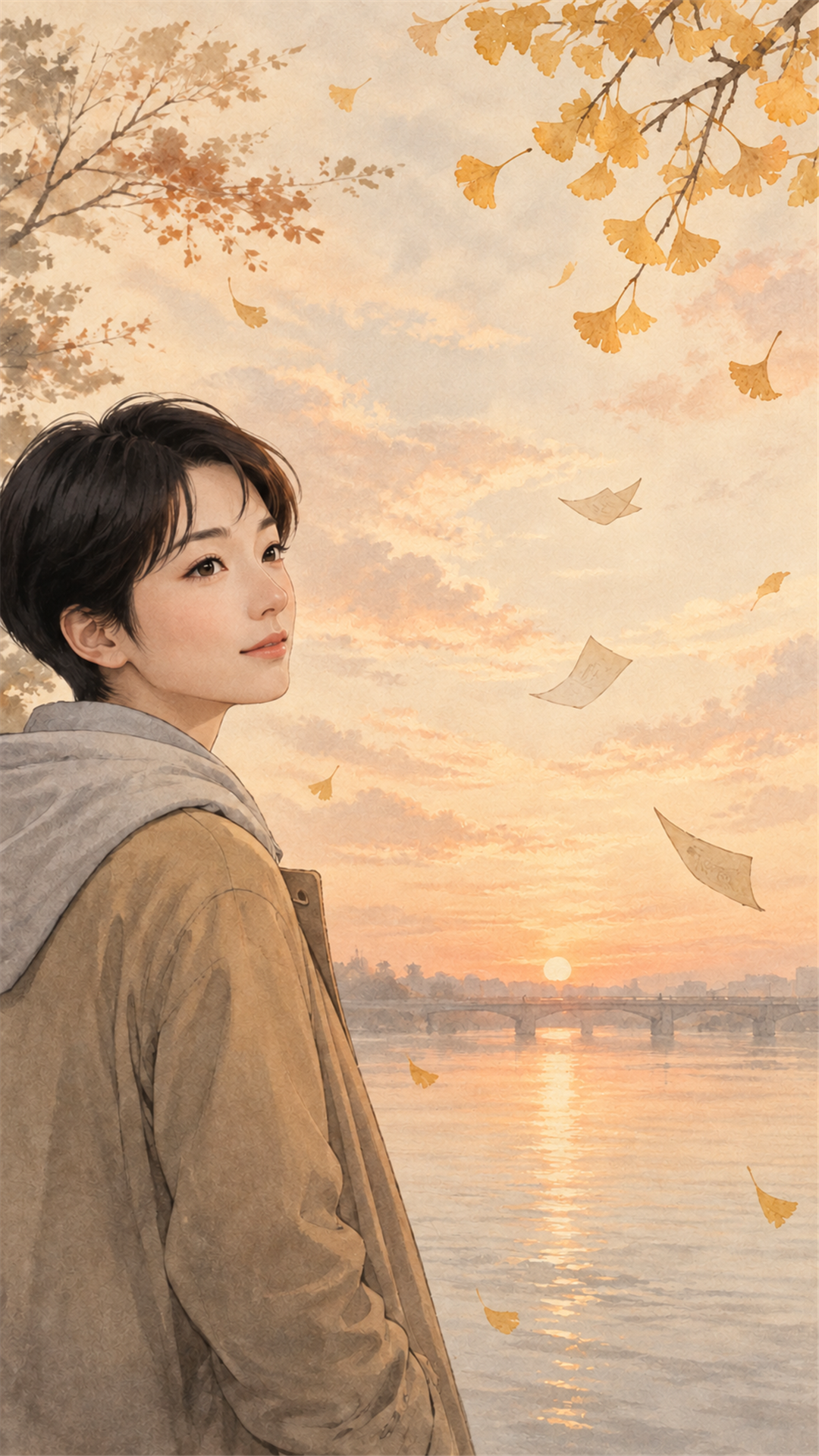 은행잎과 노을진 강가에서 뒤돌아보는 여성 가을 휴대폰 배경화면