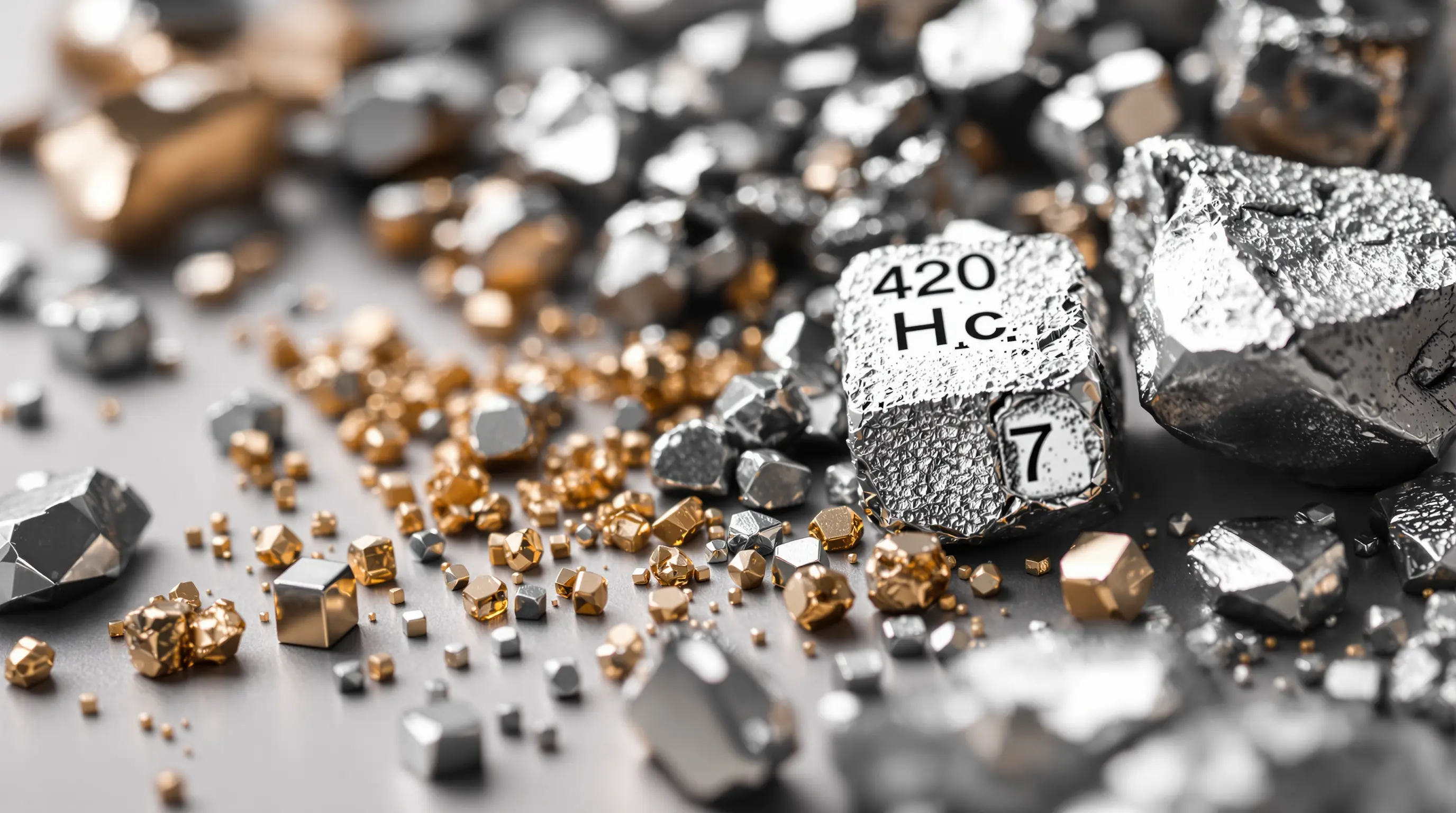 프라세오디뮴 금속 조각을 클로즈업으로 보여주는 고해상도 과학 이미지