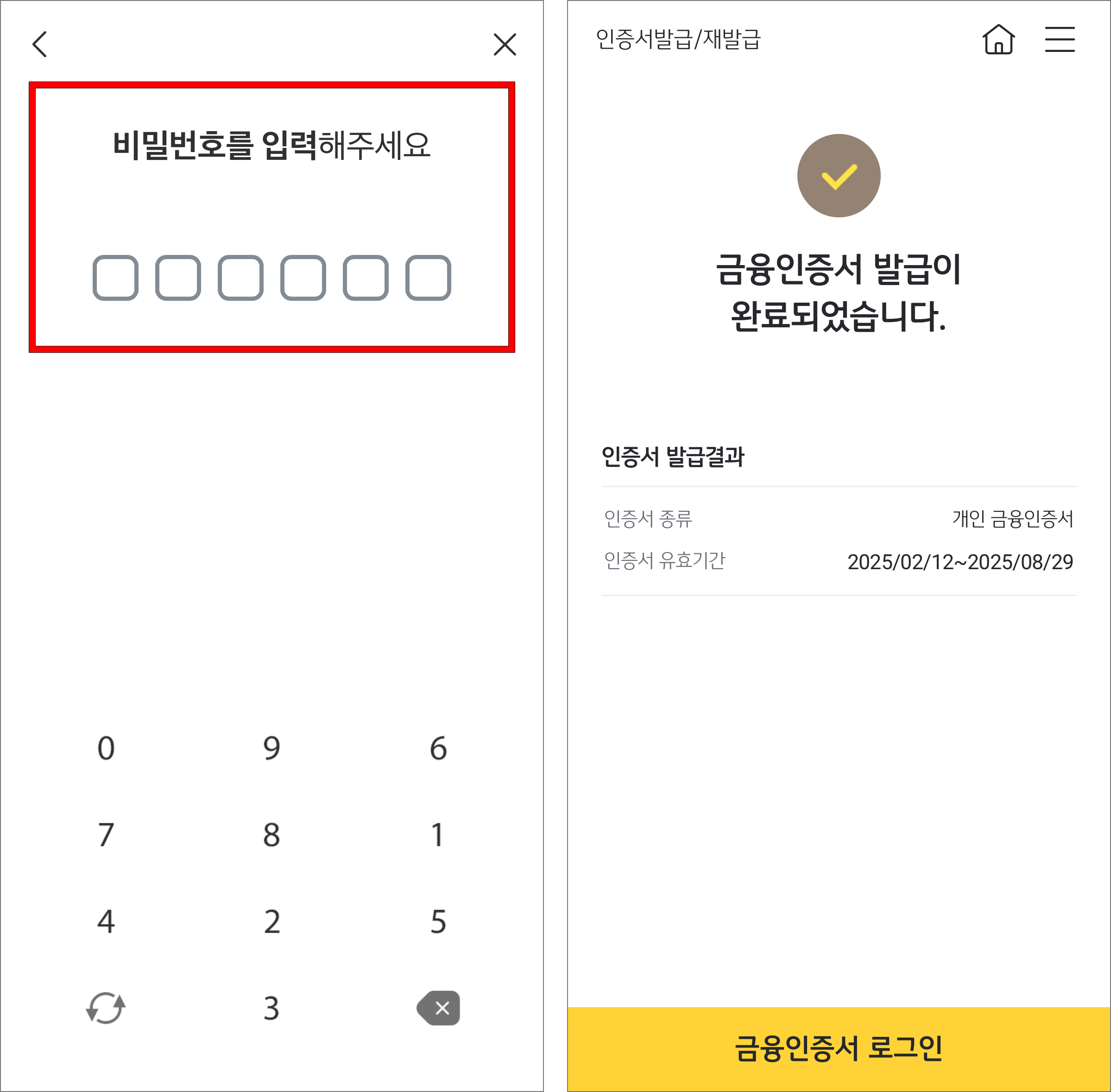 인증서에 사용할 비밀번호를 입력하여 금융인증서 발급을 완료