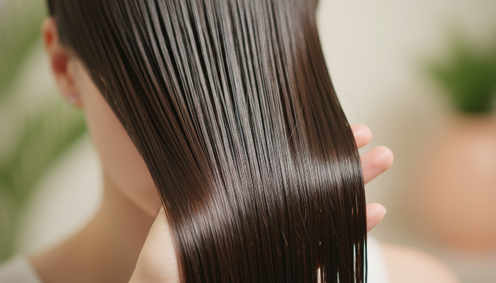 헤어 오일 사용 후 윤기나고 부드러워진 머리카락을 손으로 쓸어넘기는 모습