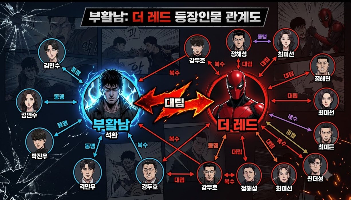 부활남 더 레드 주요 등장인물 간의 복잡한 대립 구조 및 관계도 설명 그래픽