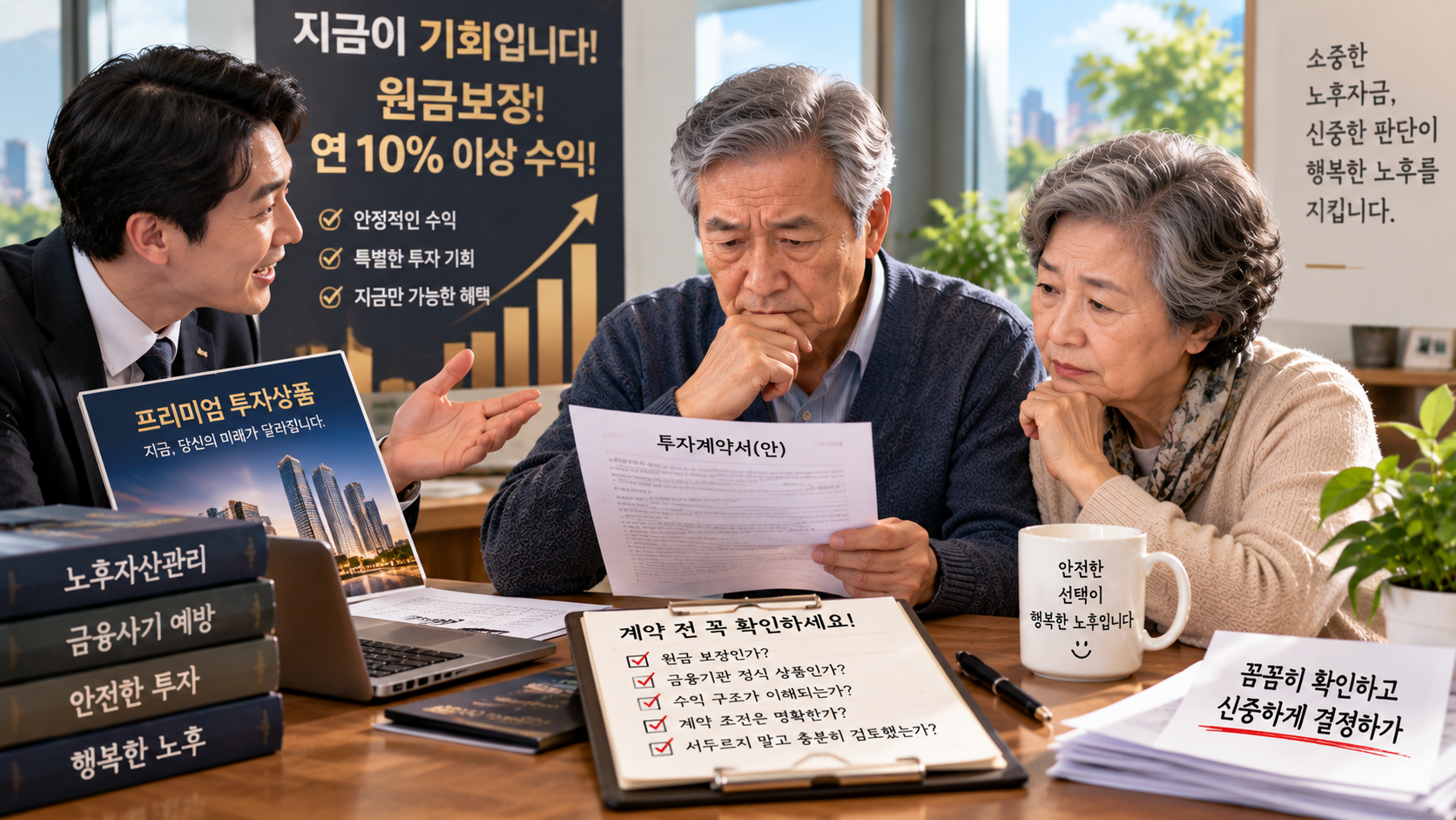 고수익 투자 권유를 받고 계약하기 전에 내용을 꼼꼼히 확인하는 시니어