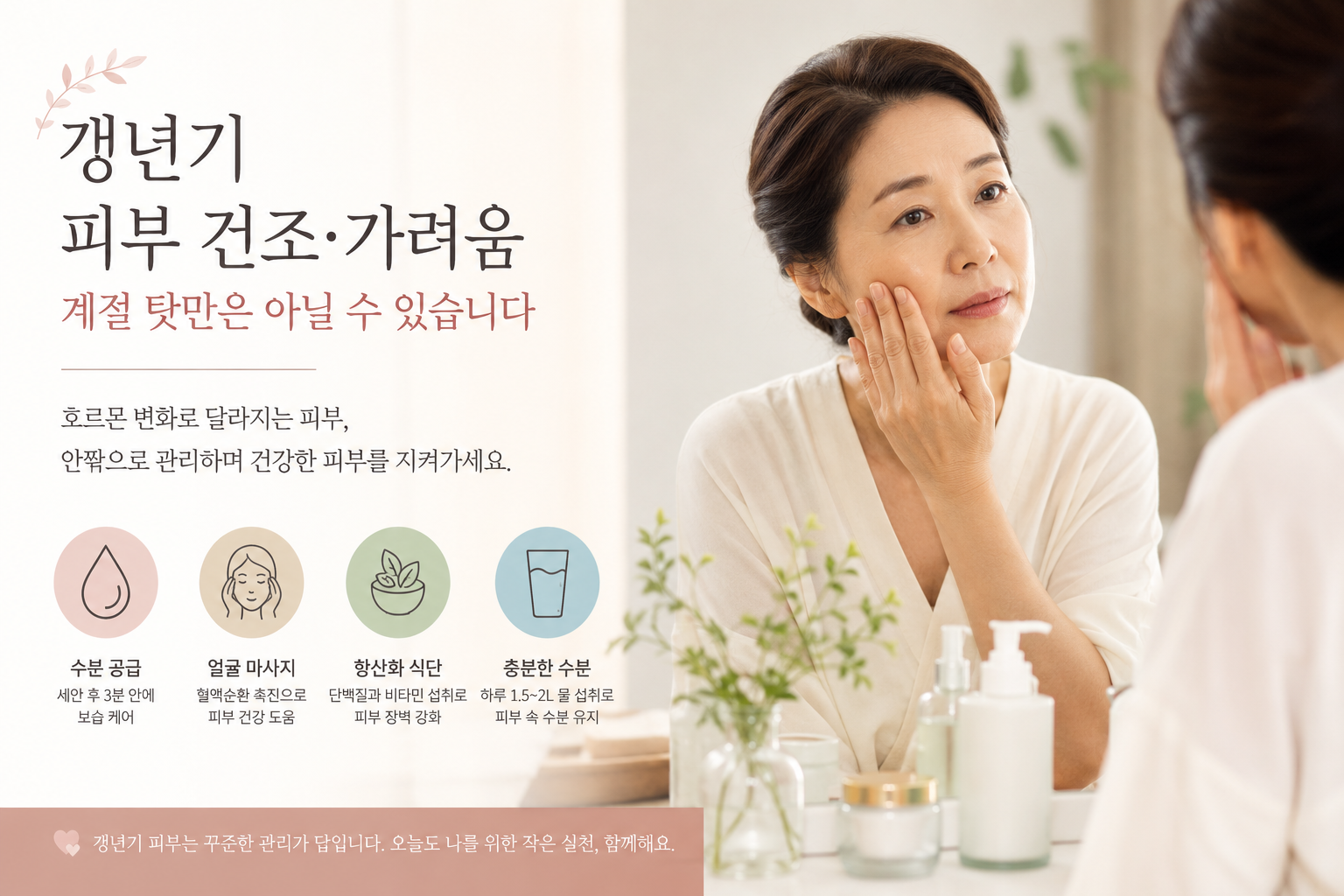 갱년기 피부 건조와 가려움을 경험하는 중년 여성이 거울을 보며 피부 상태를 확인하는 이미지