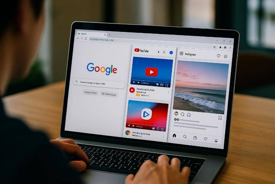 노트북 화면에 구글, 유튜브, 인스타그램을 동시에 보는 모습