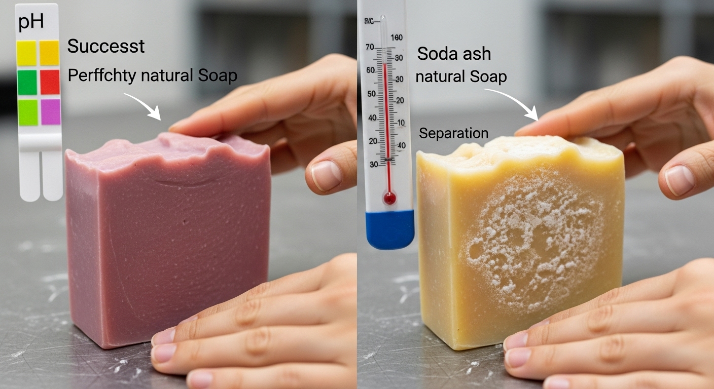 성공적으로 만들어진 매끄러운 천연 비누와 함께, 소다회나 분리 현상이 살짝 보이는 비누를 비교하며 비누 상태를 점검하는 손, PH 측정지와 온도계가 보이는 장면.
