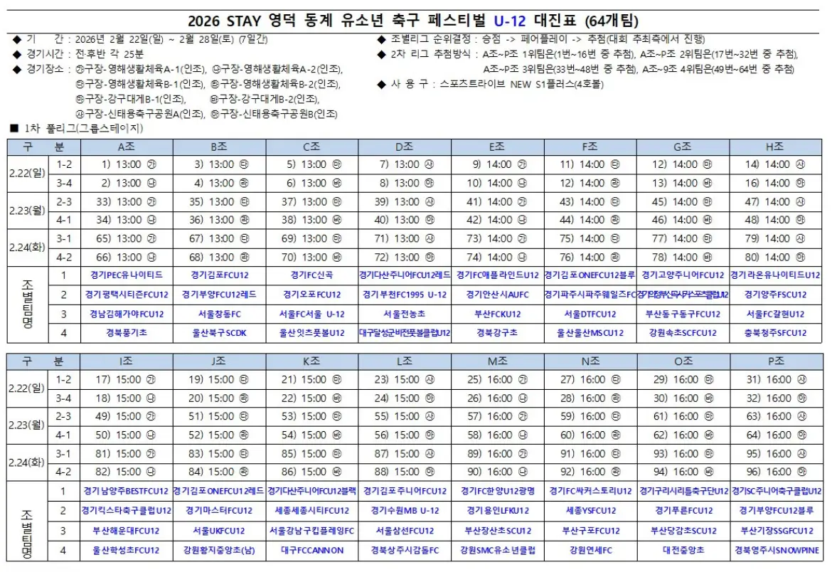 2026 STAY 영덕 동계 유소년 축구 페스티벌 U12 경기 일정 및 대진표