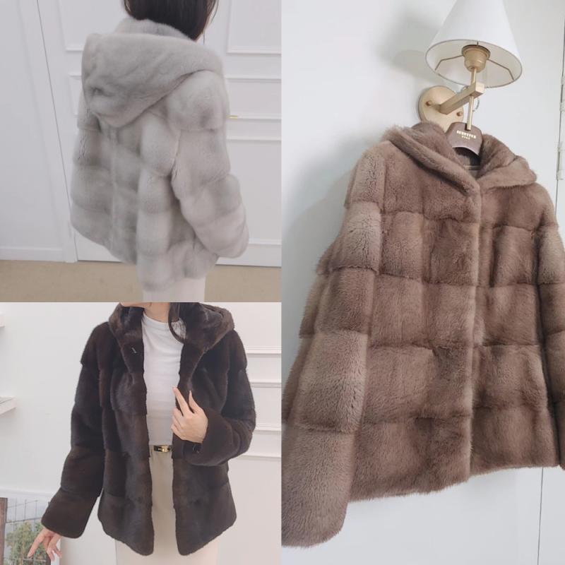 밍크 코트 후드 모피 코트 자켓 통밍크 스킨 휘메일 호리젠탈 파스텔 사파이어 마호가니
