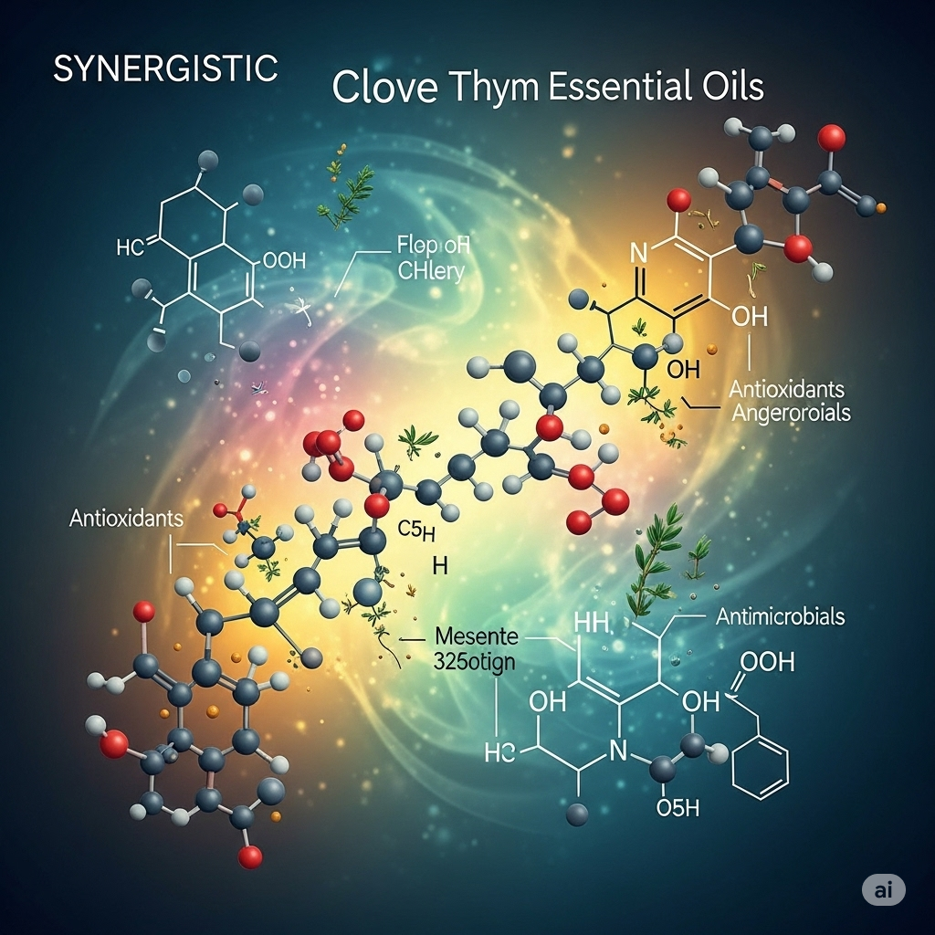 클로브와 타임 에센셜 오일의 분자 수준에서의 시너지 효과를 보여주는 상세한 그림