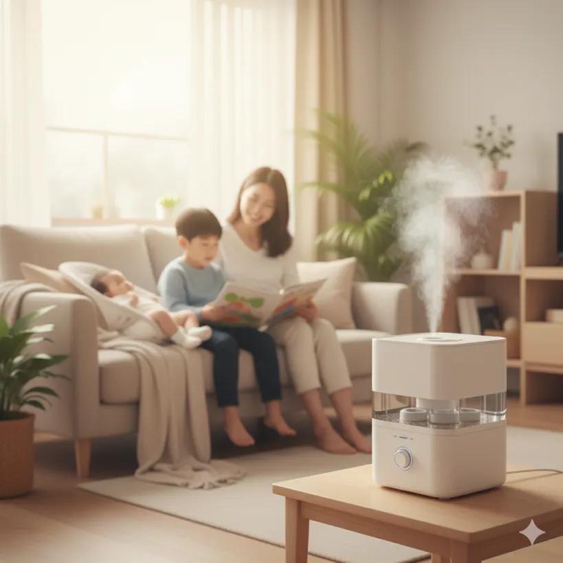 RSV 감염 시 집에서 아이를 돌보는 환경(가습기, 환기)을 보여주는 편안한 실내 모습.