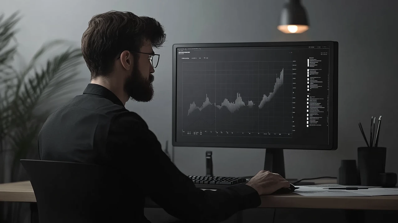 투자자가 현대적인 사무실에서 고해상도 컴퓨터 화면으로 ETF 트렌드를 분석하고 있는 모습입니다. 서류와 그래프가 주변을 감싸며 집중된 분위기를 연출합니다.