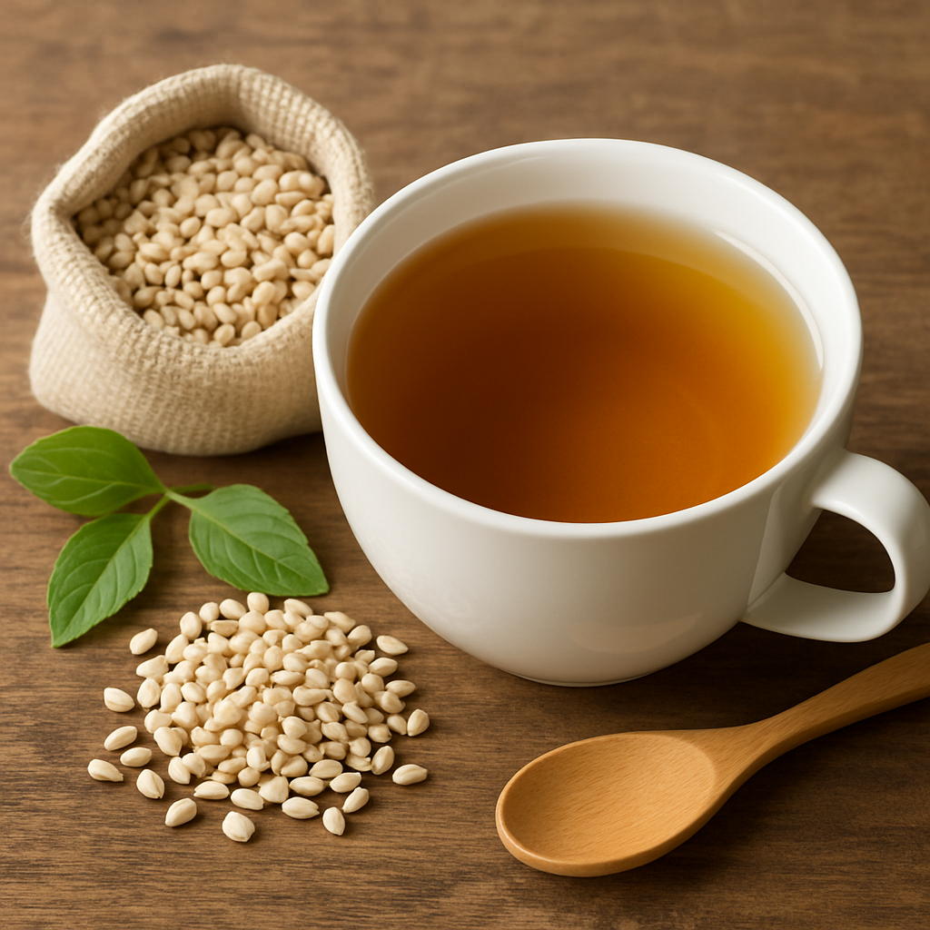 보리차 한 잔과 생보리, 나무숟가락, 초록잎이 어우러진 암 환자용 수분 보충 이미지