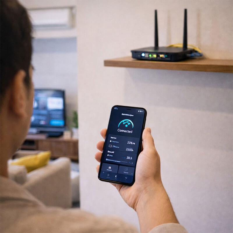 공유기를 개방된 높은 위치로 옮겨 와이파이 신호 상태를 확인하는 실내 장면