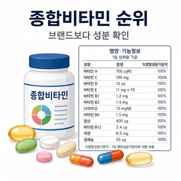 여러 종류의 비타민 정제와 영양성분표를 배치해 종합비타민 순위를 브랜드보다 성분 기준으로 판단하는 방법을 설명한 대표 이미지