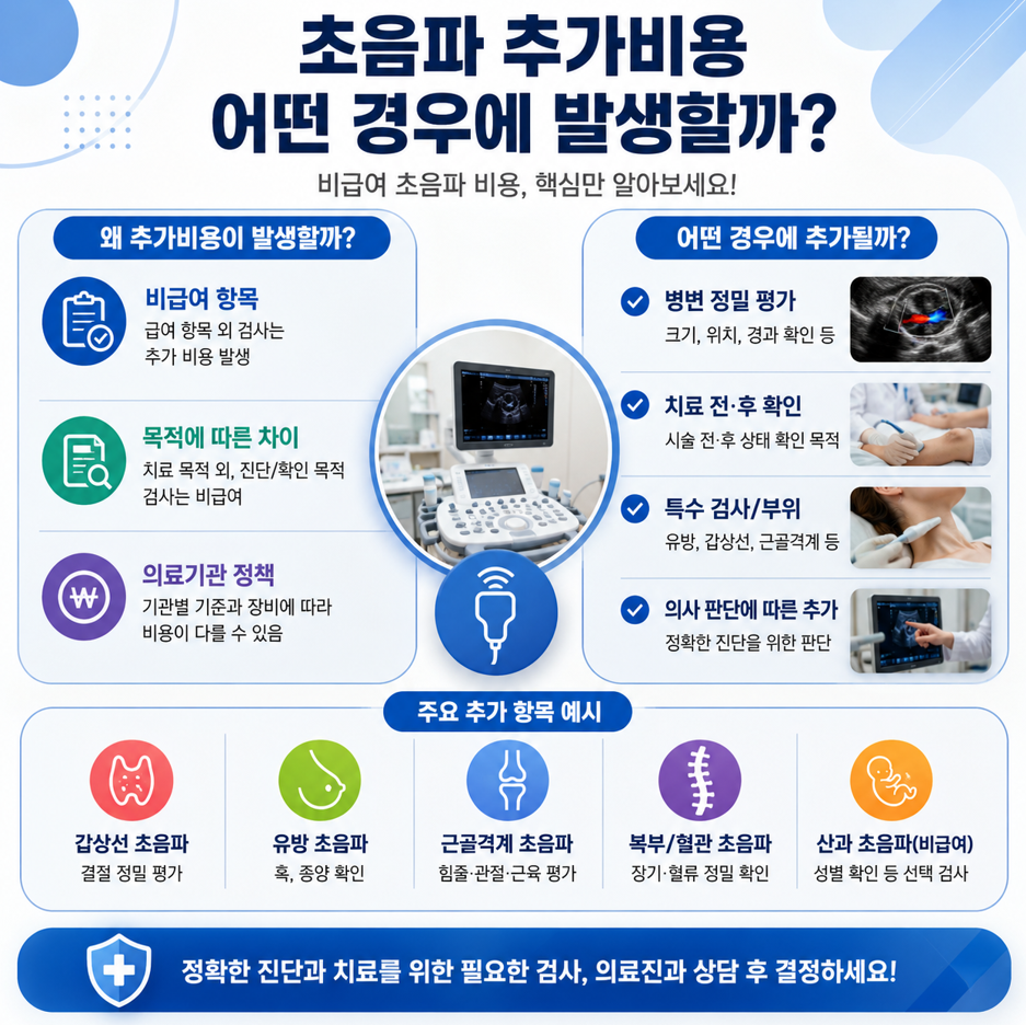 비급여 초음파 추가비용이 발생하는 경우와 주요 초음파 종류를 정리한 정사각형 의료 인포그래픽