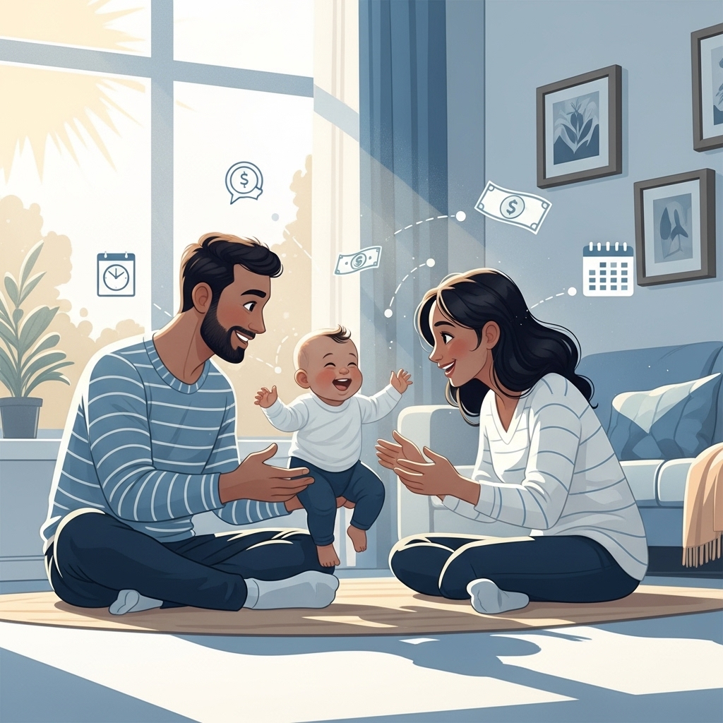 사랑스러운 아기와 함께 행복하게 웃고 있는 부모의 모습, 경제적 지원을 상징하는 밝고 따뜻한 일러스트.